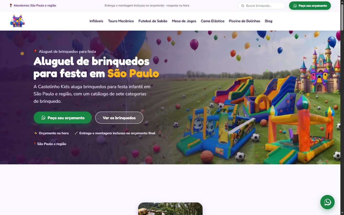 Página inicial do site da Castelinho Kids, aluguel de brinquedos para festas em São Paulo