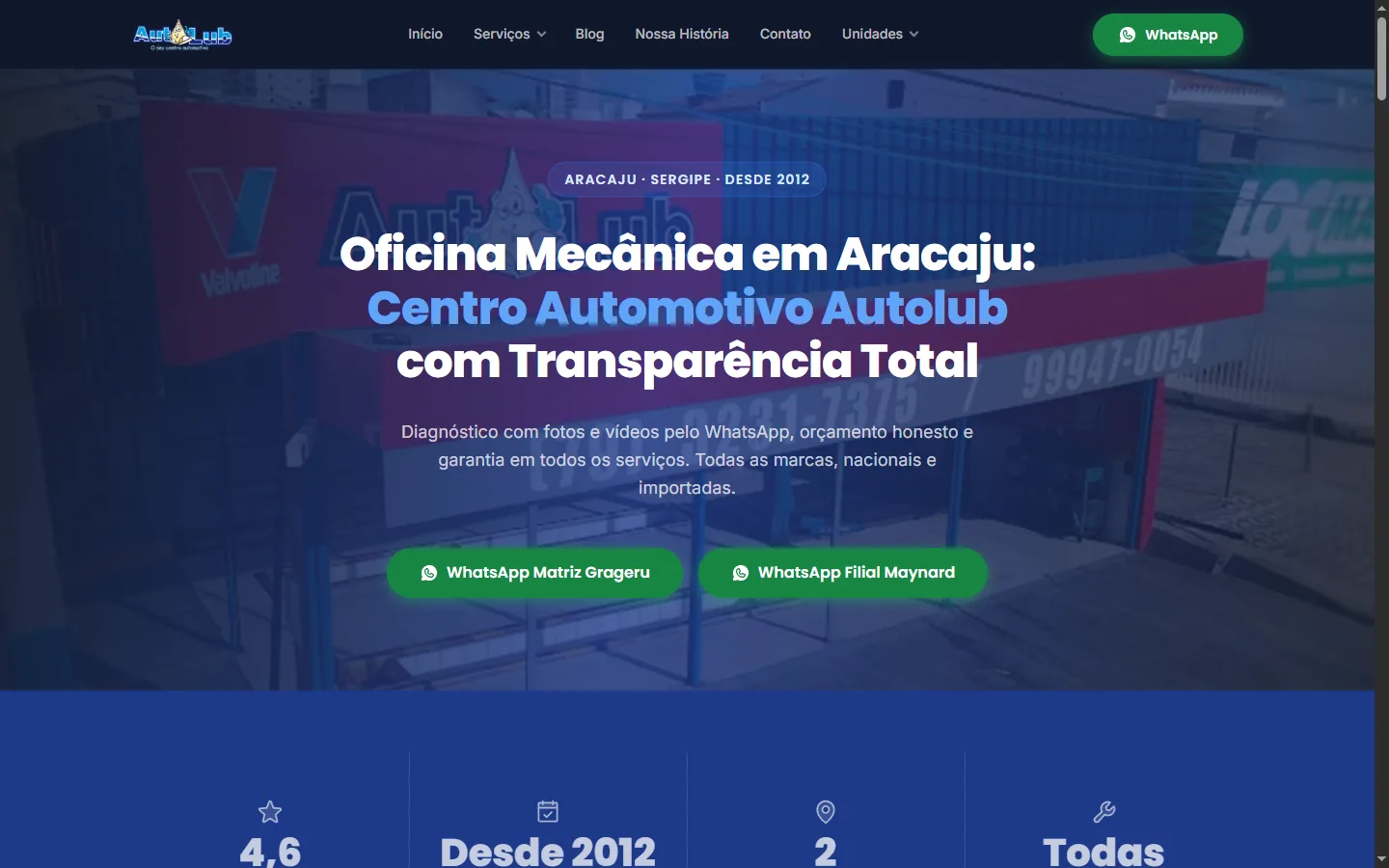 Página inicial do site da Autolub Centro Automotivo, em Aracaju