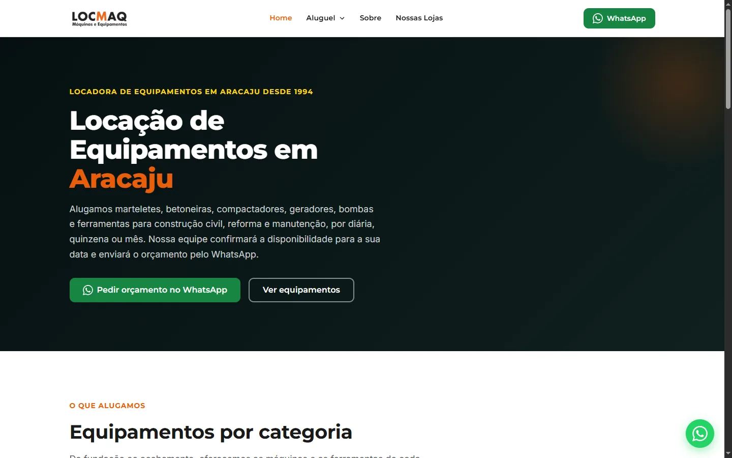 Página inicial do site da Locmaq Locadora, locação de equipamentos em Aracaju